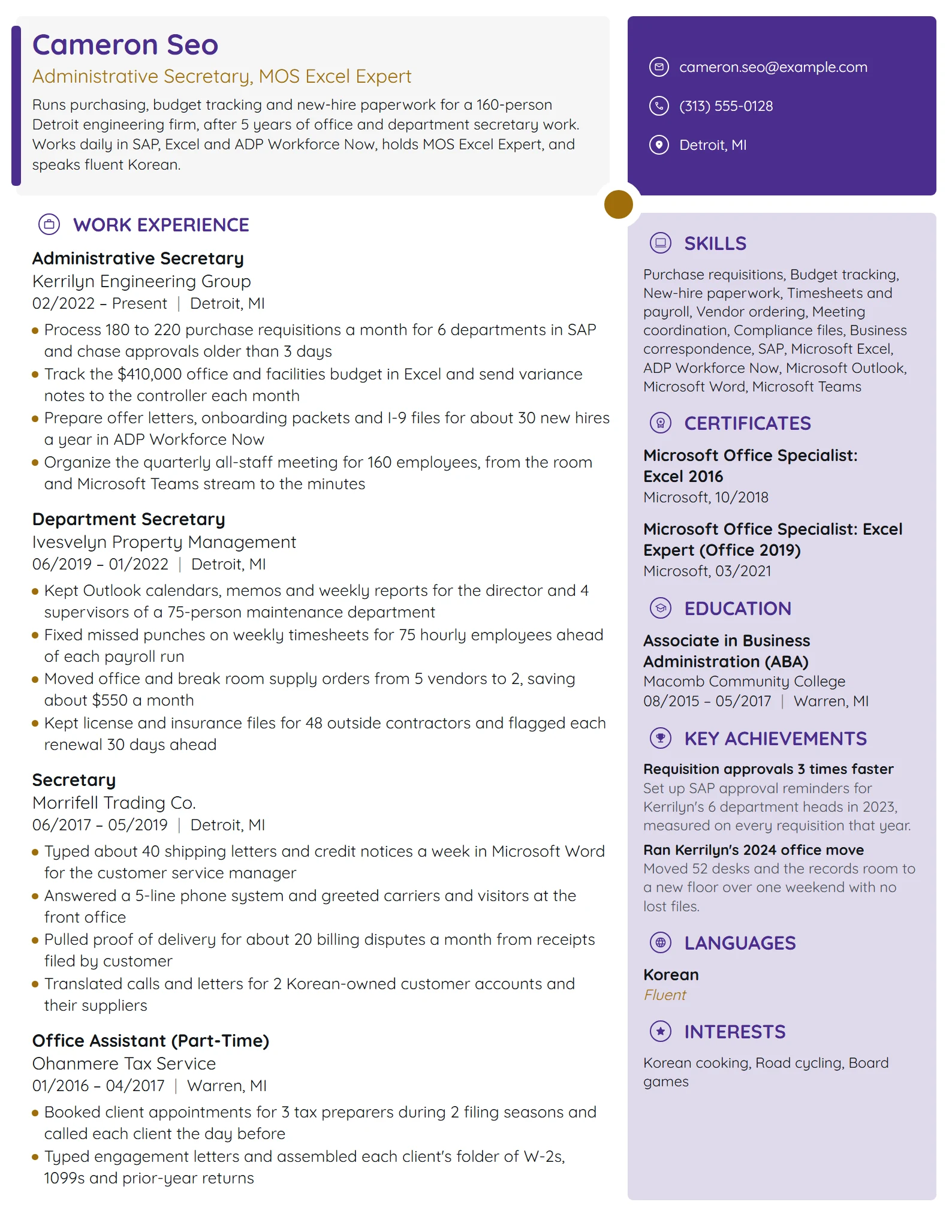 Administrative Secretary resume example