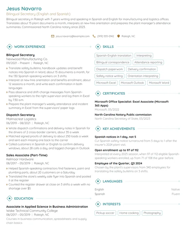 Bilingual Secretary resume example