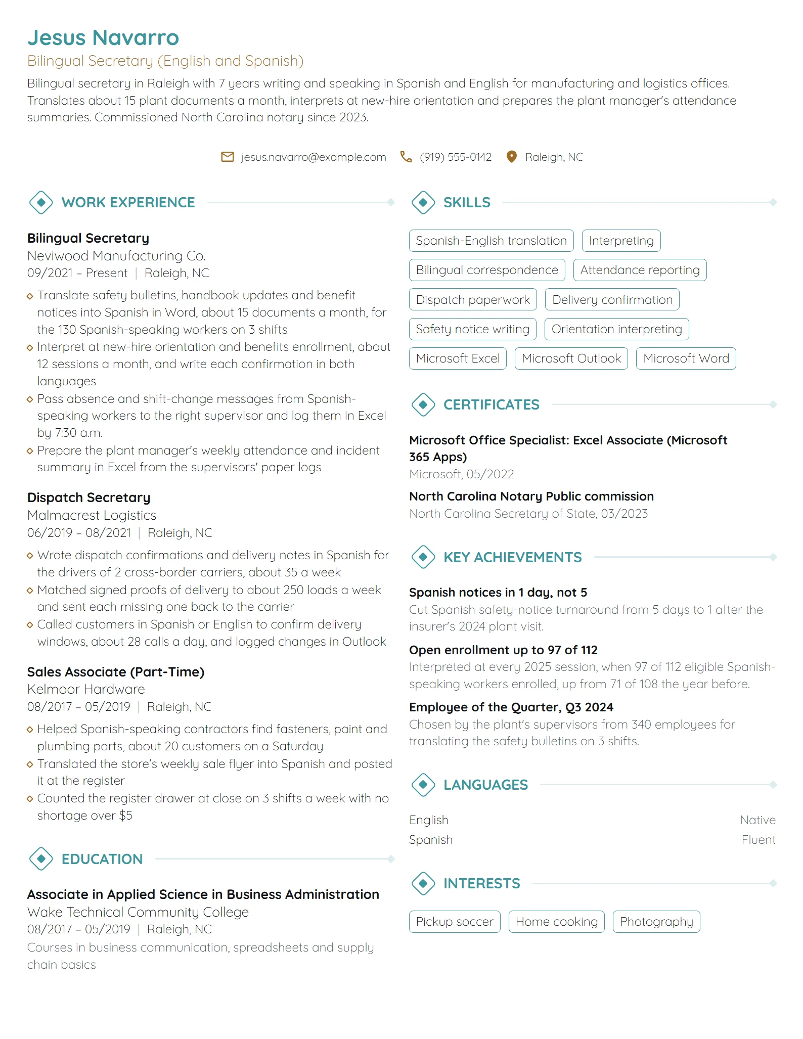Bilingual Secretary resume example