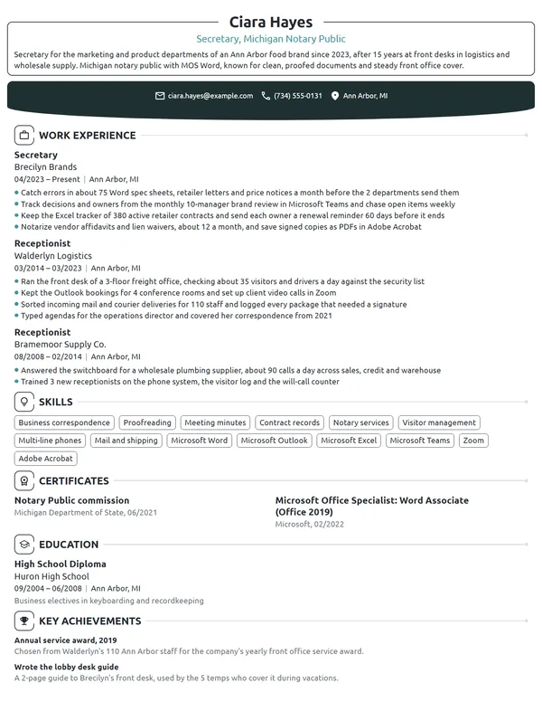 Career Change Secretary resume example
