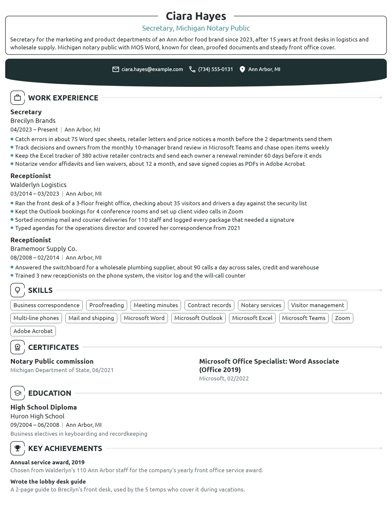 Career Change Secretary resume example