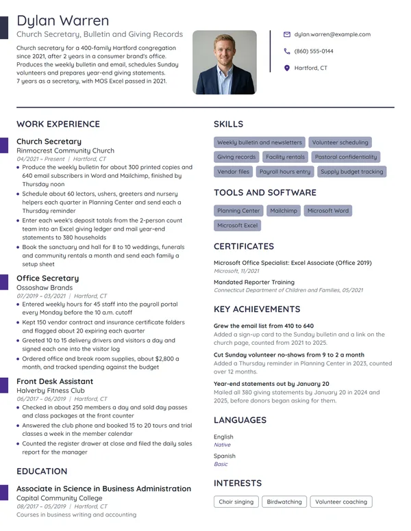 Church Secretary resume example