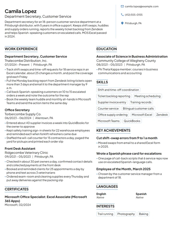 Department Secretary resume example