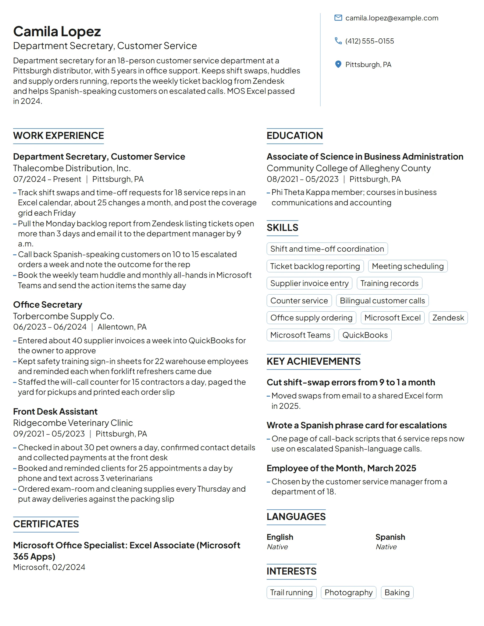 Department Secretary resume example