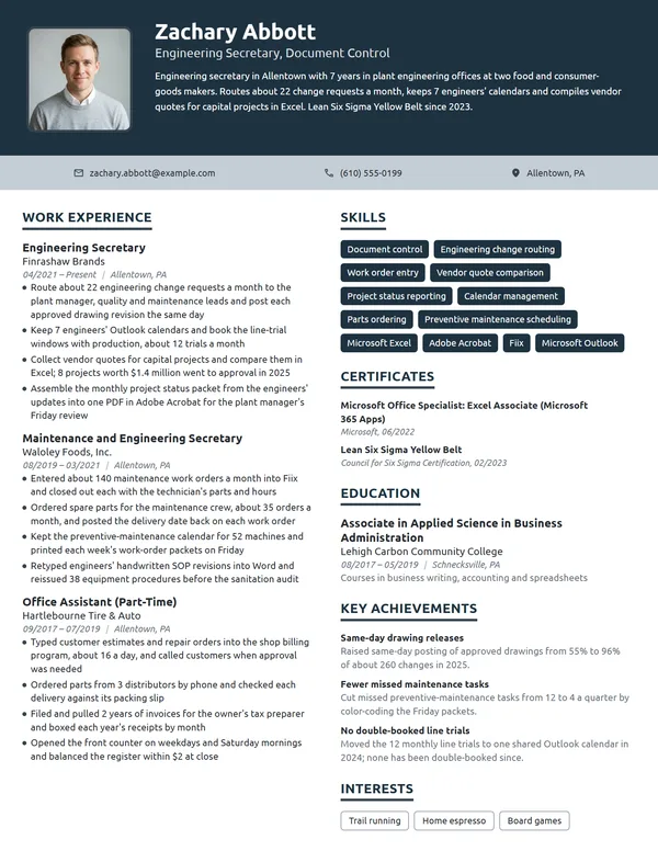 Engineering Secretary resume example