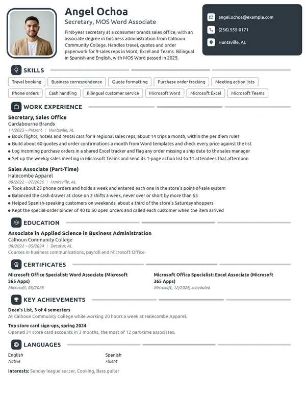 Entry-Level Secretary resume example