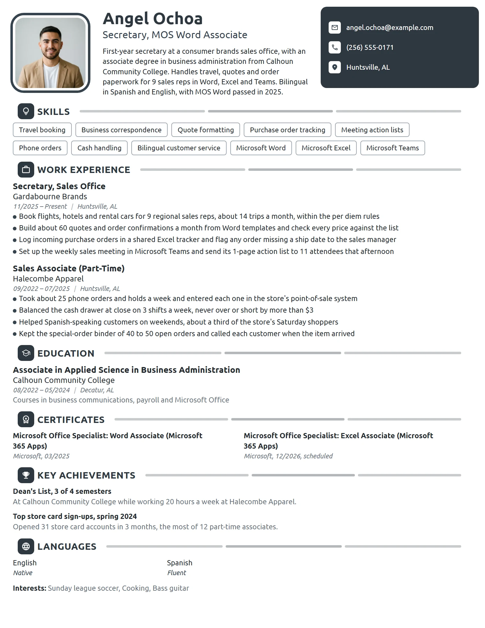 Entry-Level Secretary resume example