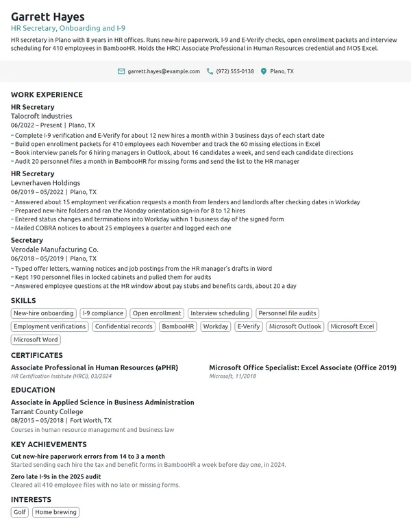 HR Secretary resume example