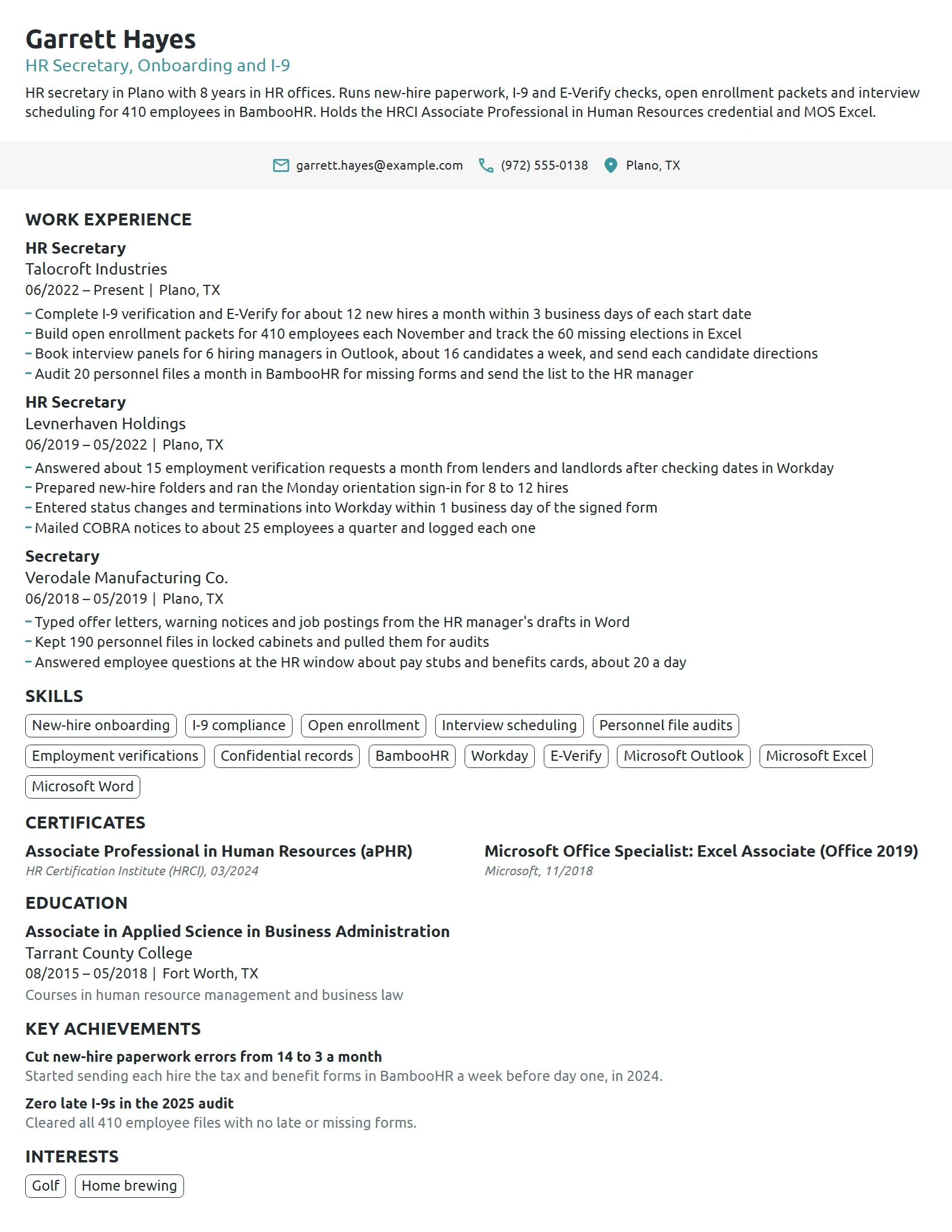 HR Secretary resume example