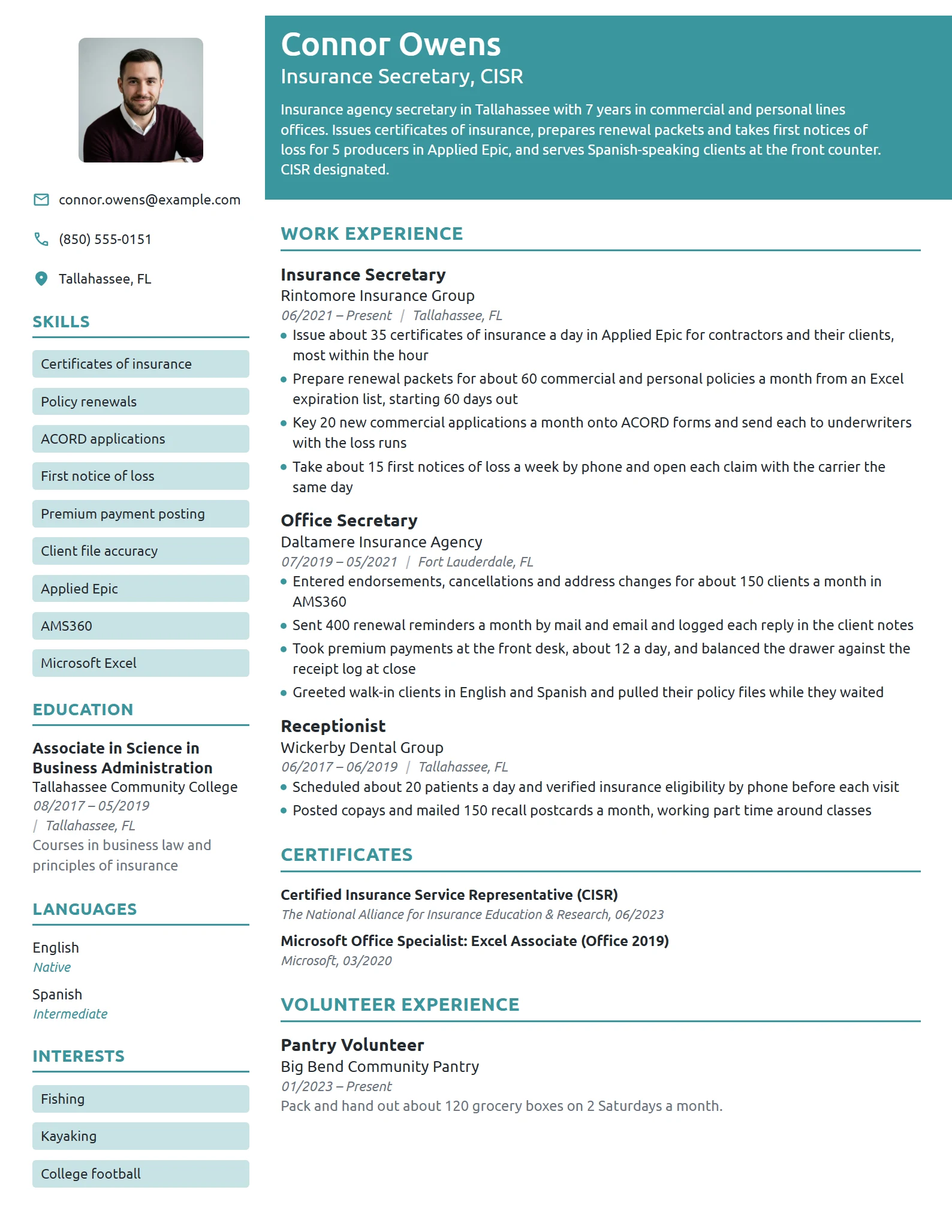 Insurance Secretary resume example