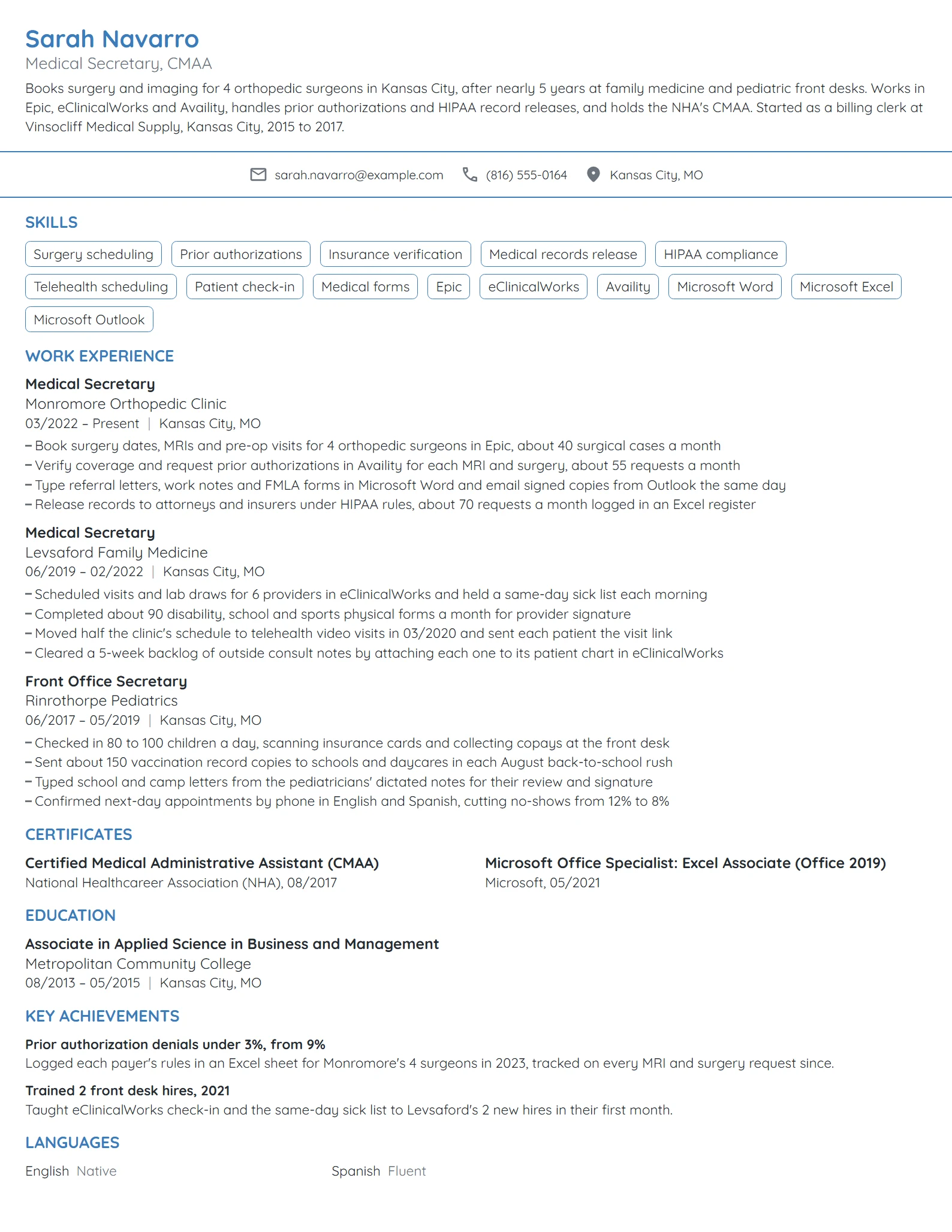 Medical Secretary resume example