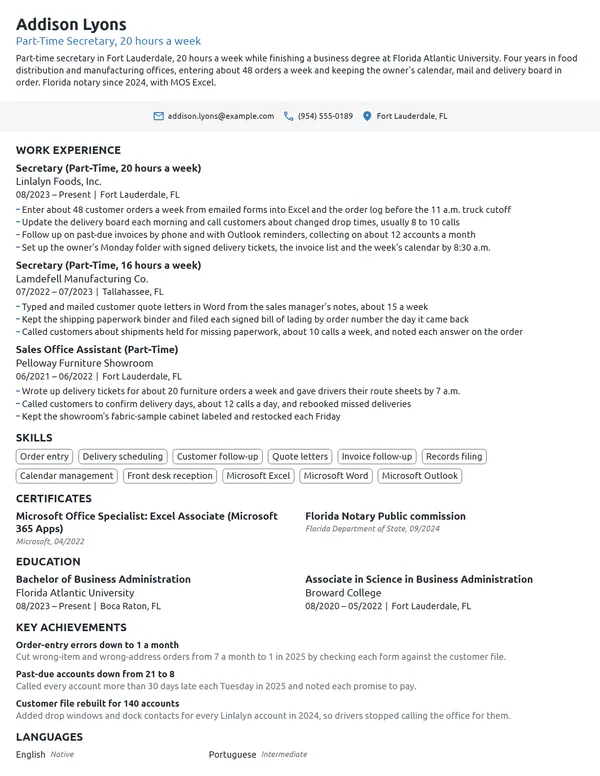 Part-Time Secretary resume example