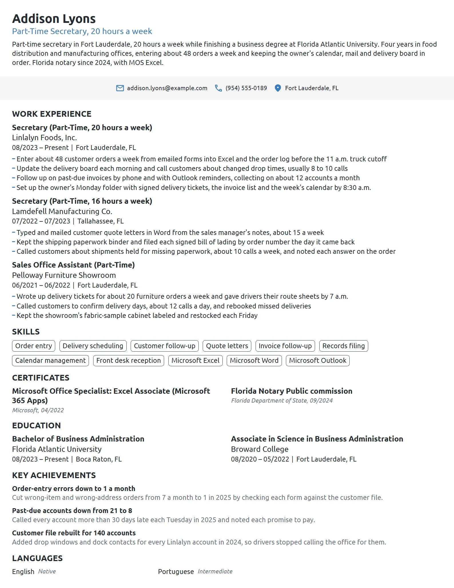 Part-Time Secretary resume example