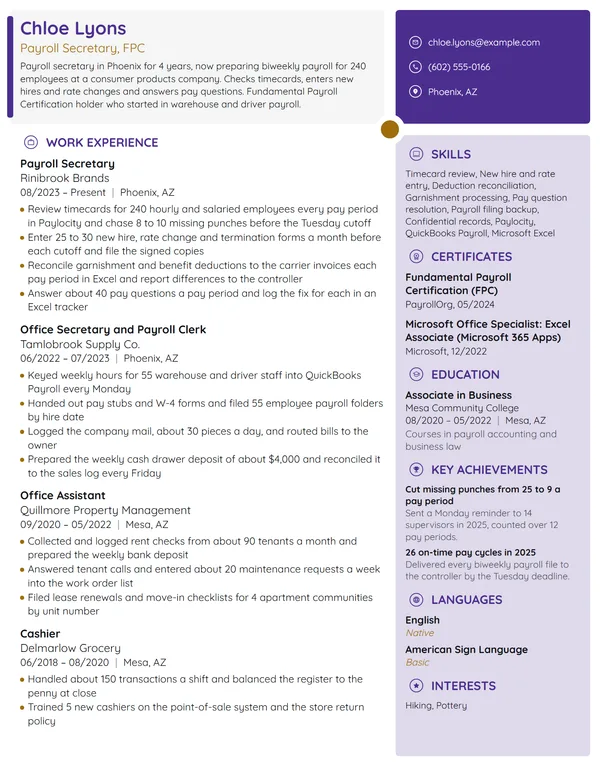 Payroll Secretary resume example