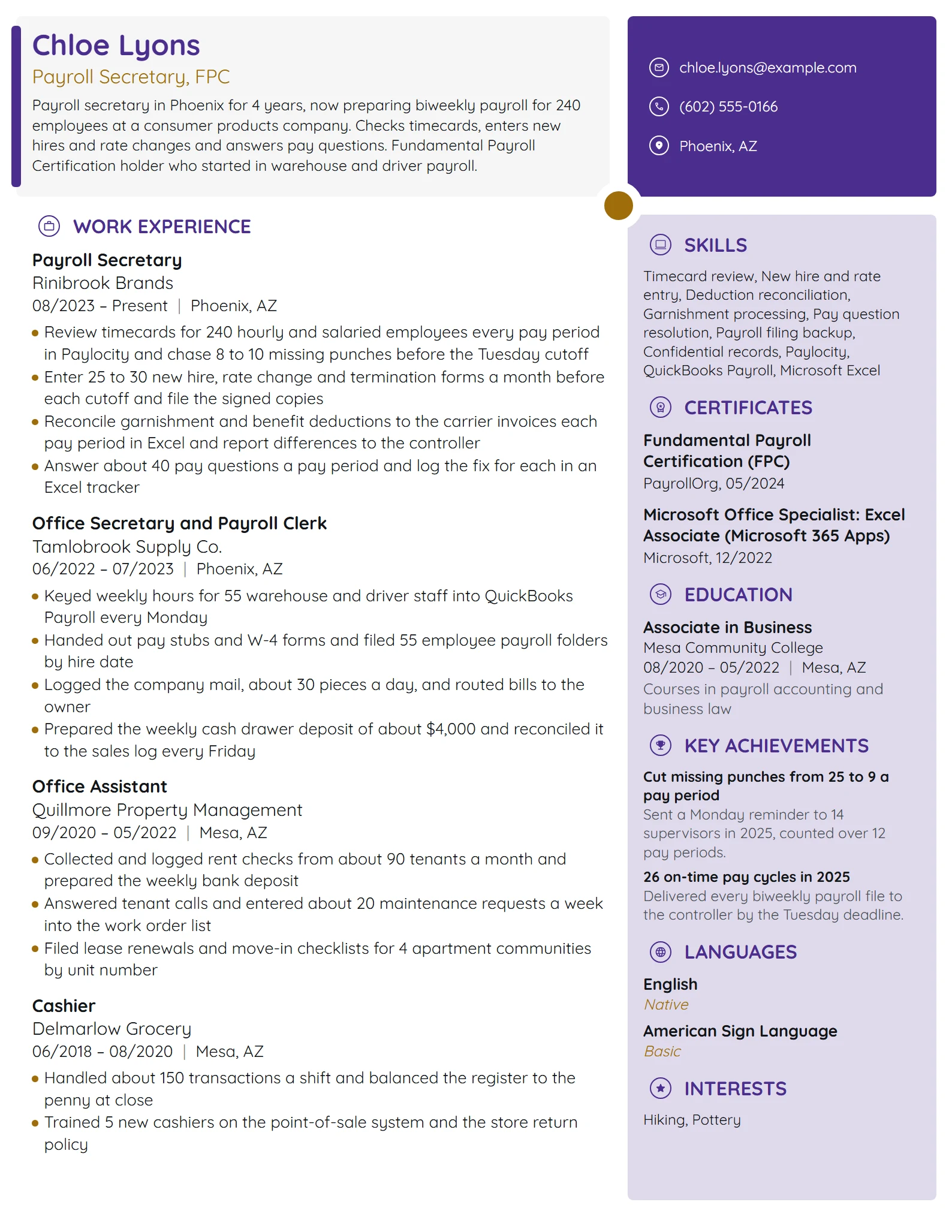 Payroll Secretary resume example