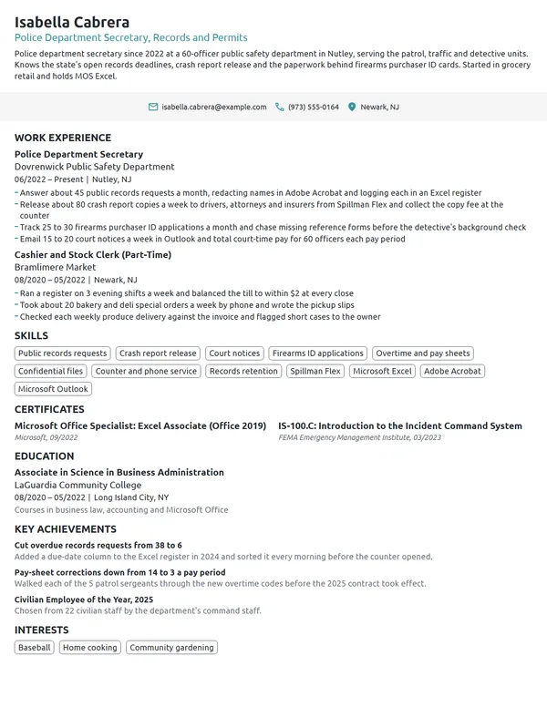 Police Department Secretary resume example