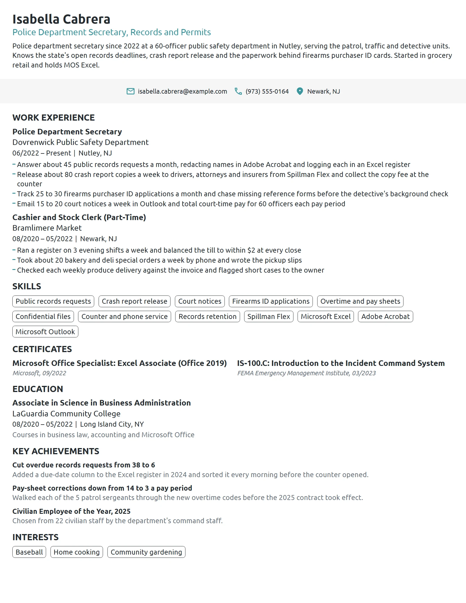 Police Department Secretary resume example