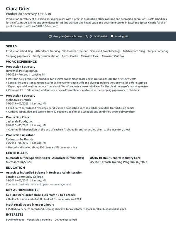 Production Secretary resume example