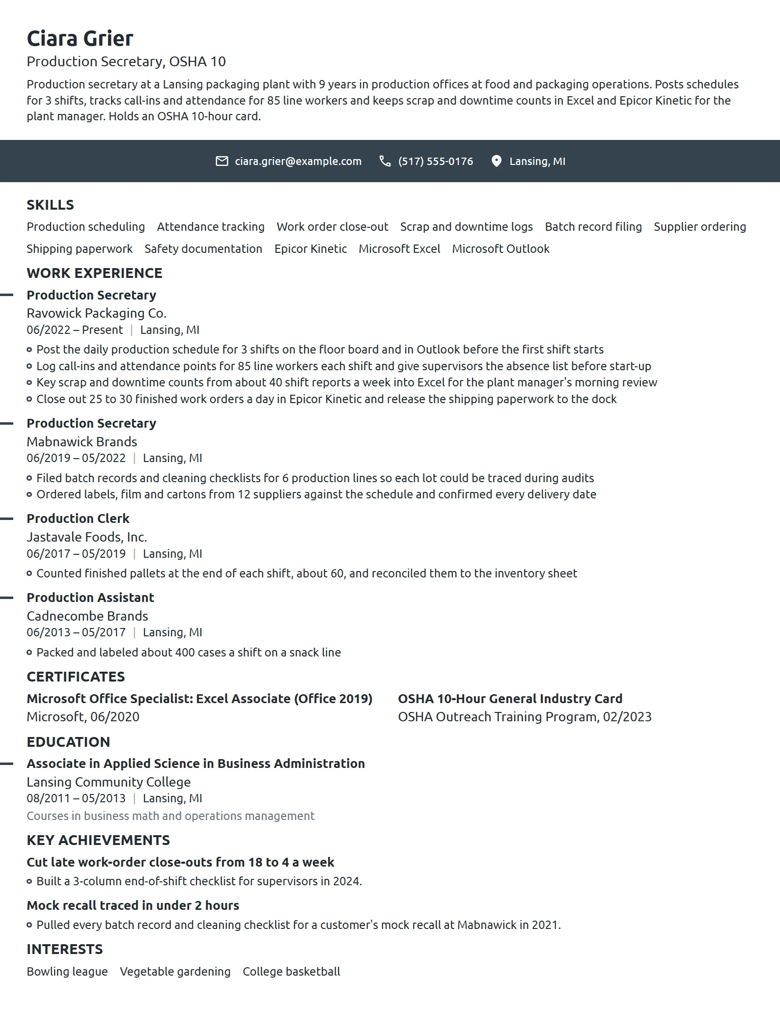 Production Secretary resume example