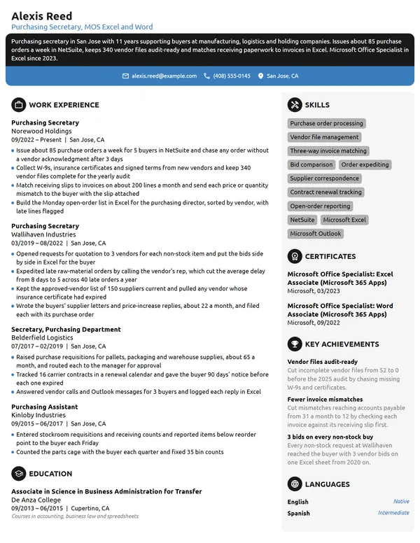 Purchasing Secretary resume example