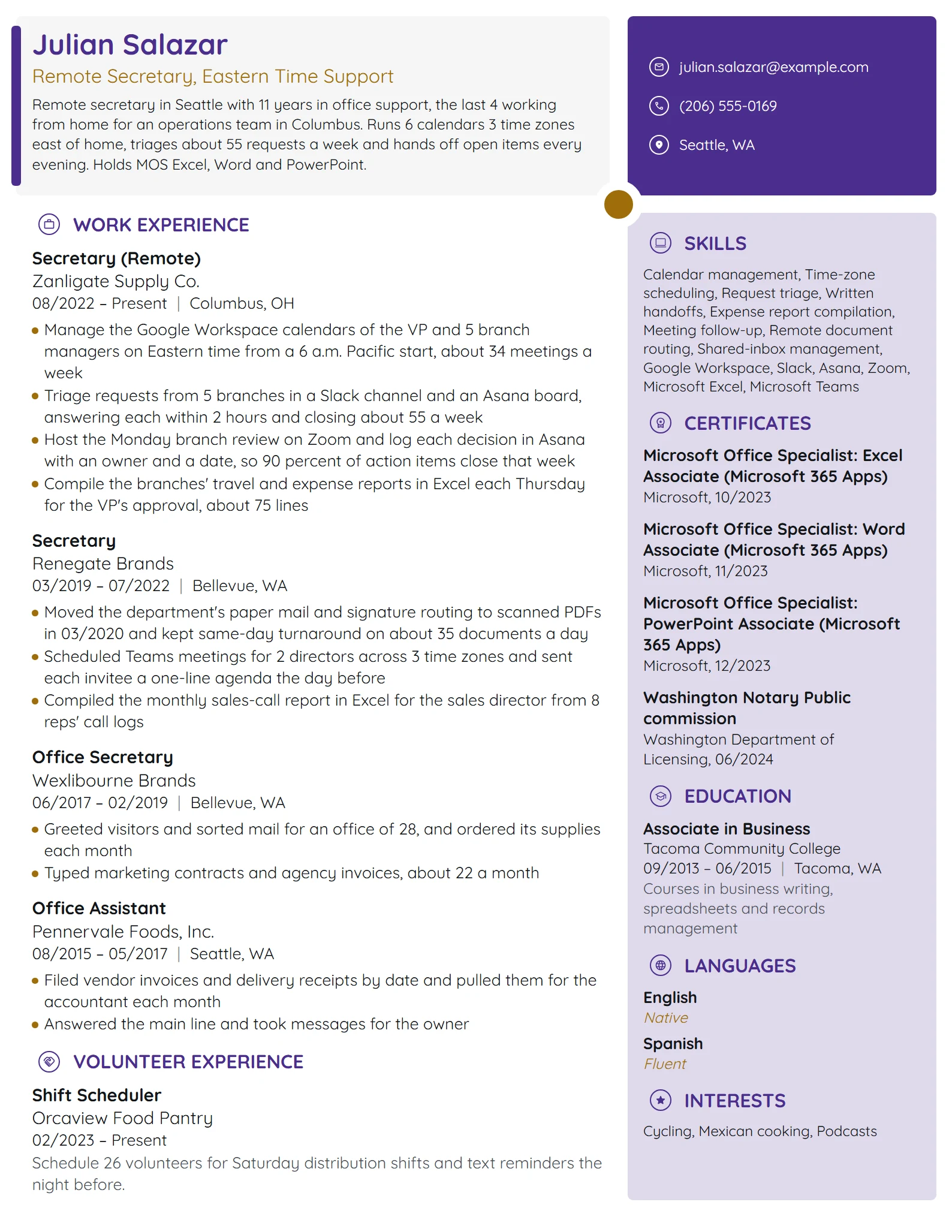 Remote Secretary resume example