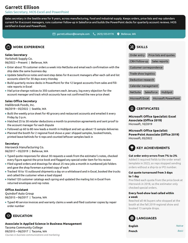 Sales Secretary resume example