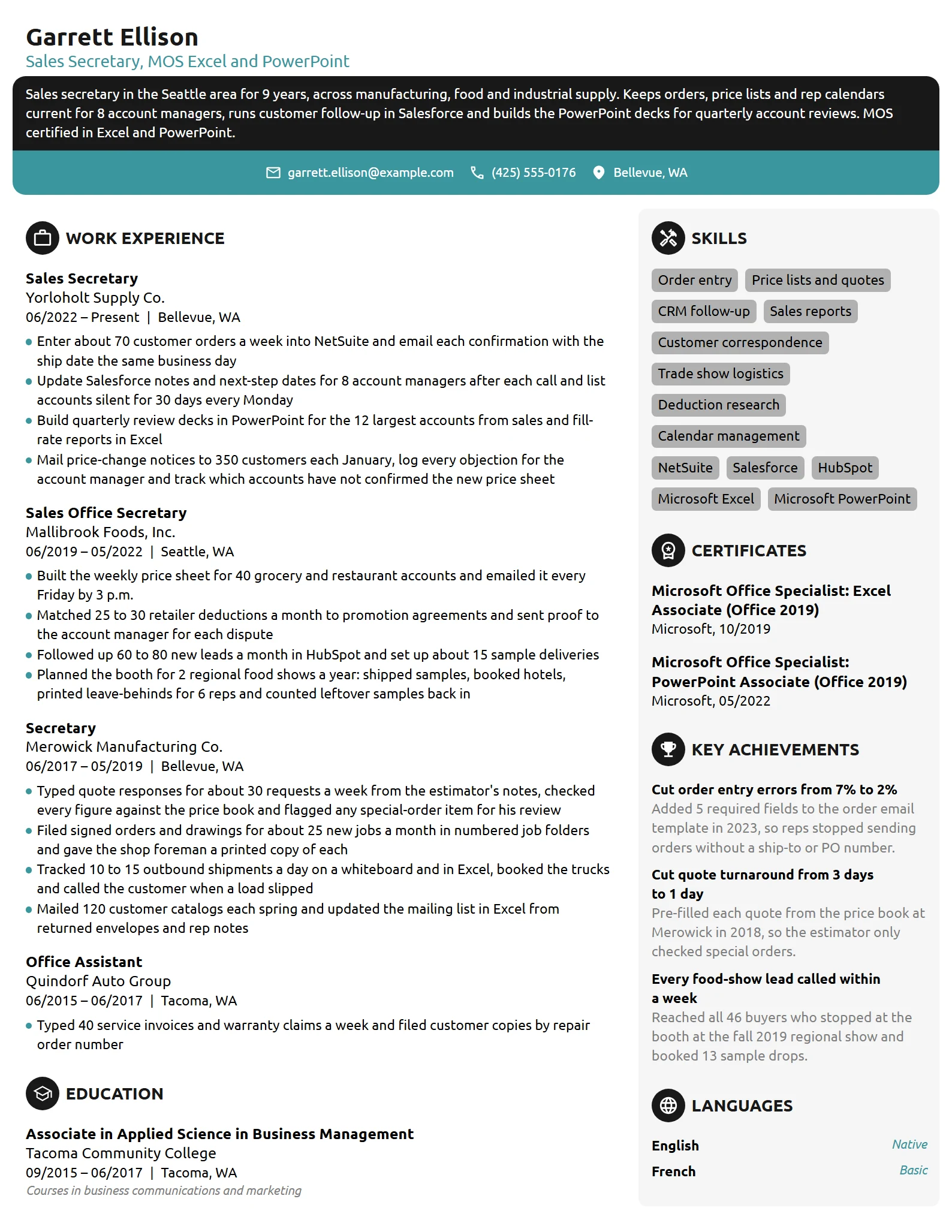 Sales Secretary resume example