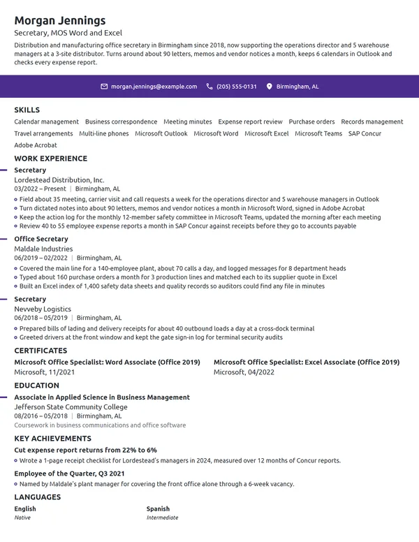Secretary resume example