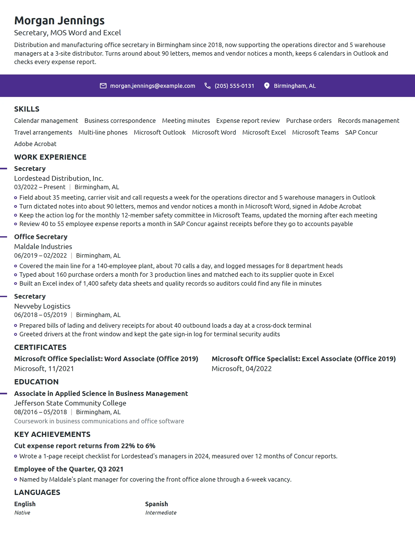 Secretary resume example