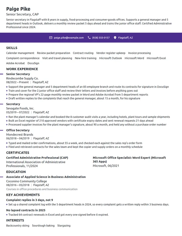 Senior Secretary resume example