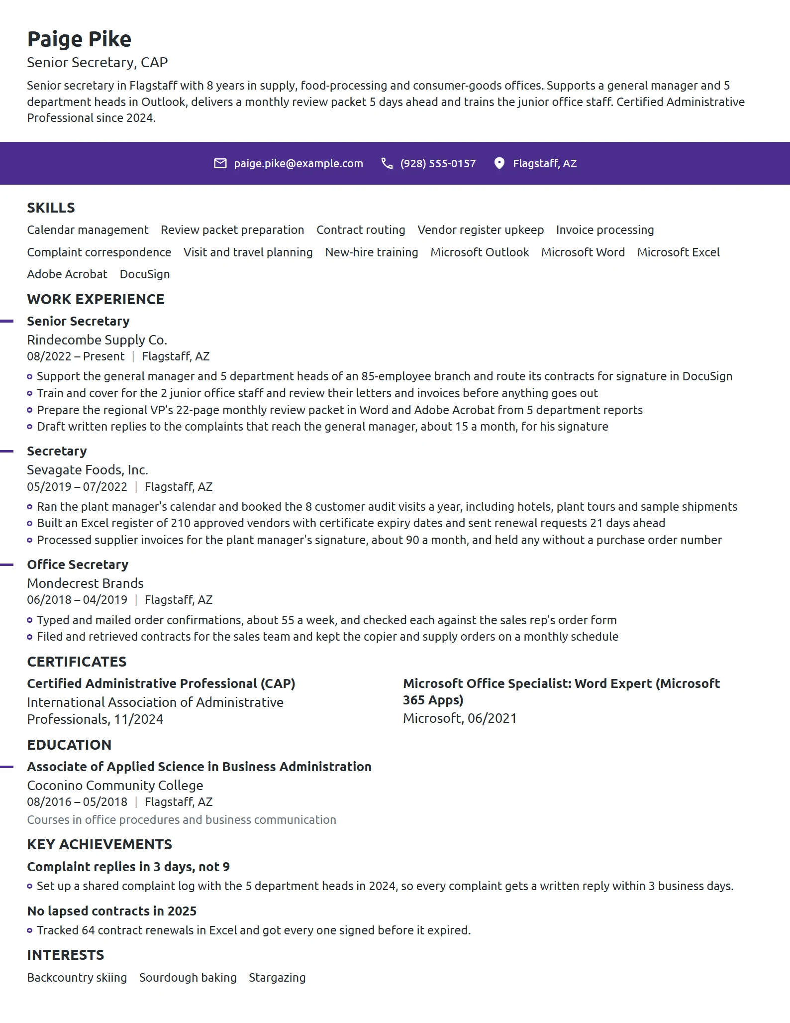 Senior Secretary resume example