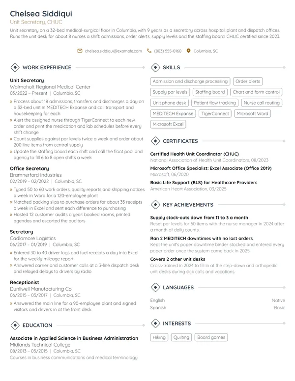 Unit Secretary resume example