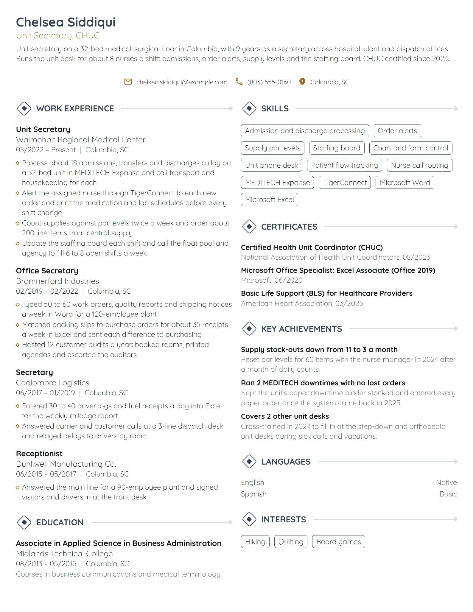 Unit Secretary resume example