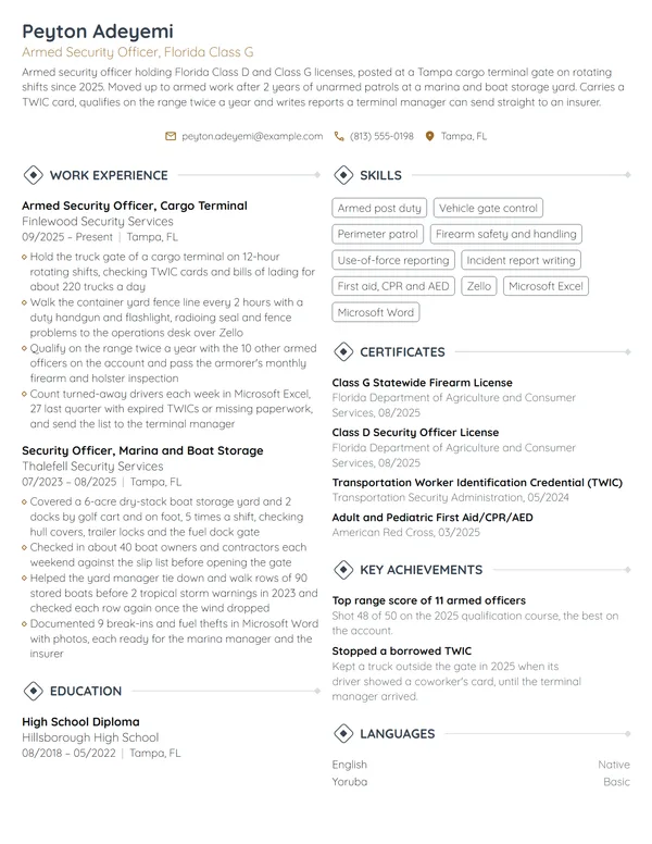 Armed Security Guard resume example