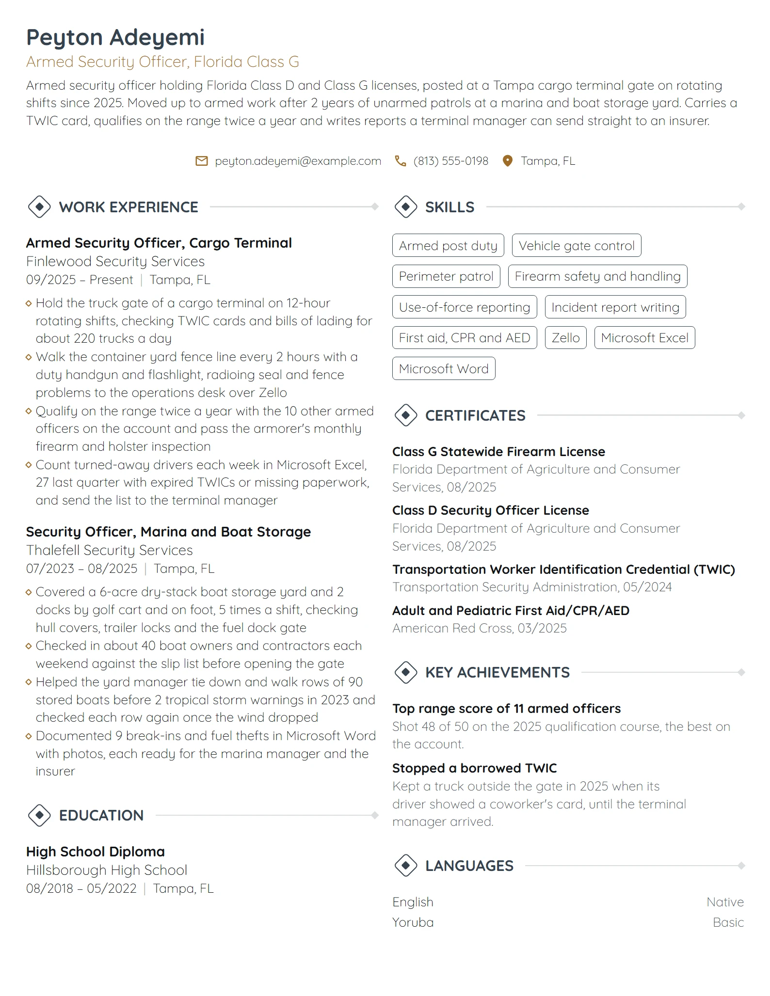 Armed Security Guard resume example