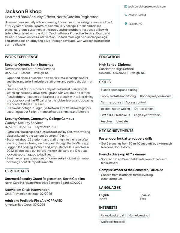 Bank Security Guard resume example