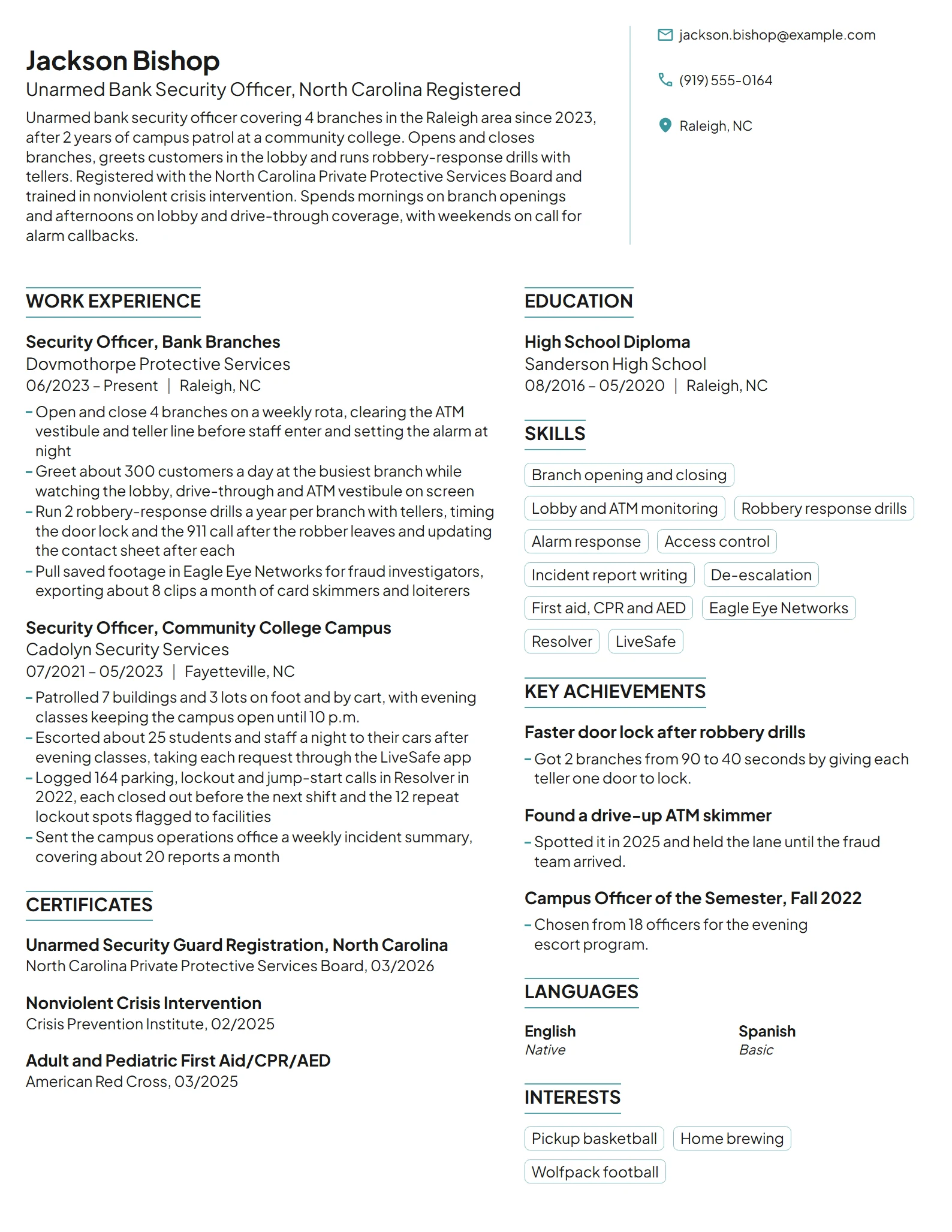 Bank Security Guard resume example