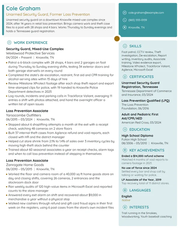 Career Change Security Guard resume example