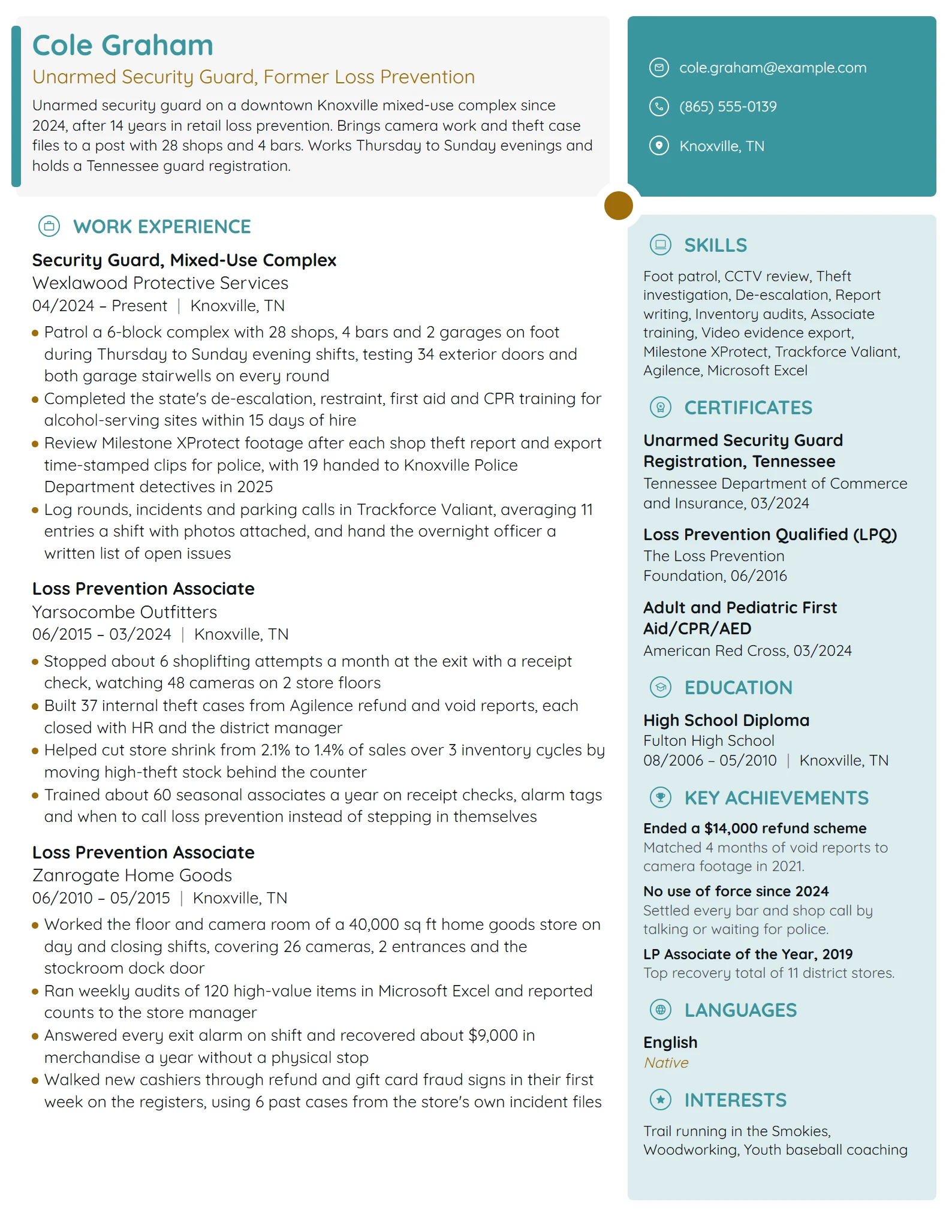 Career Change Security Guard resume example