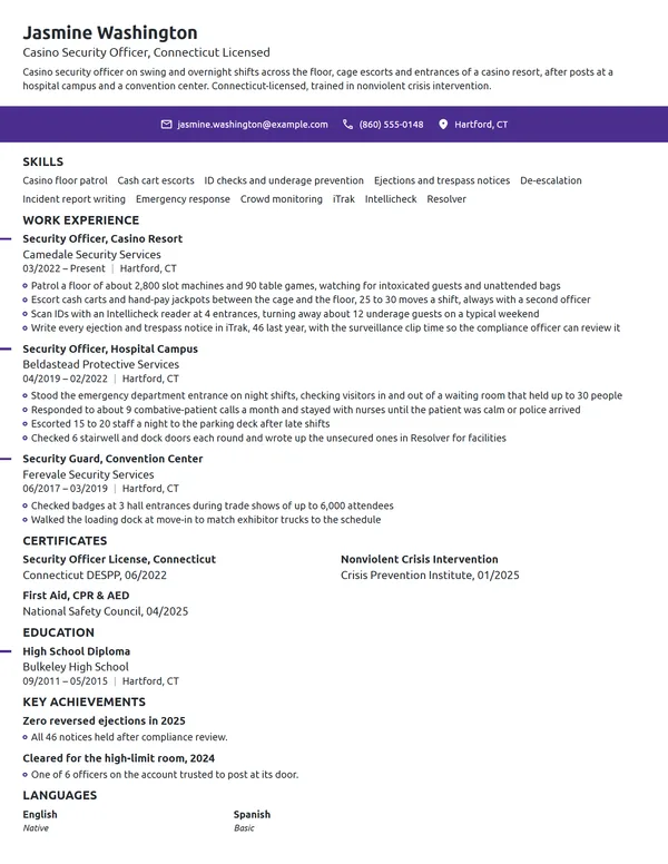 Casino Security Guard resume example