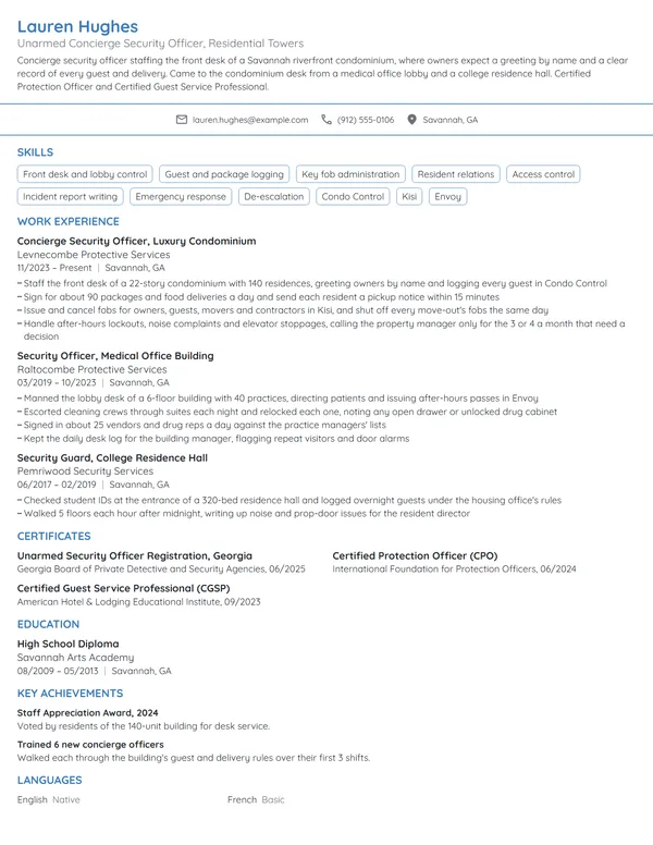 Concierge Security Guard resume example