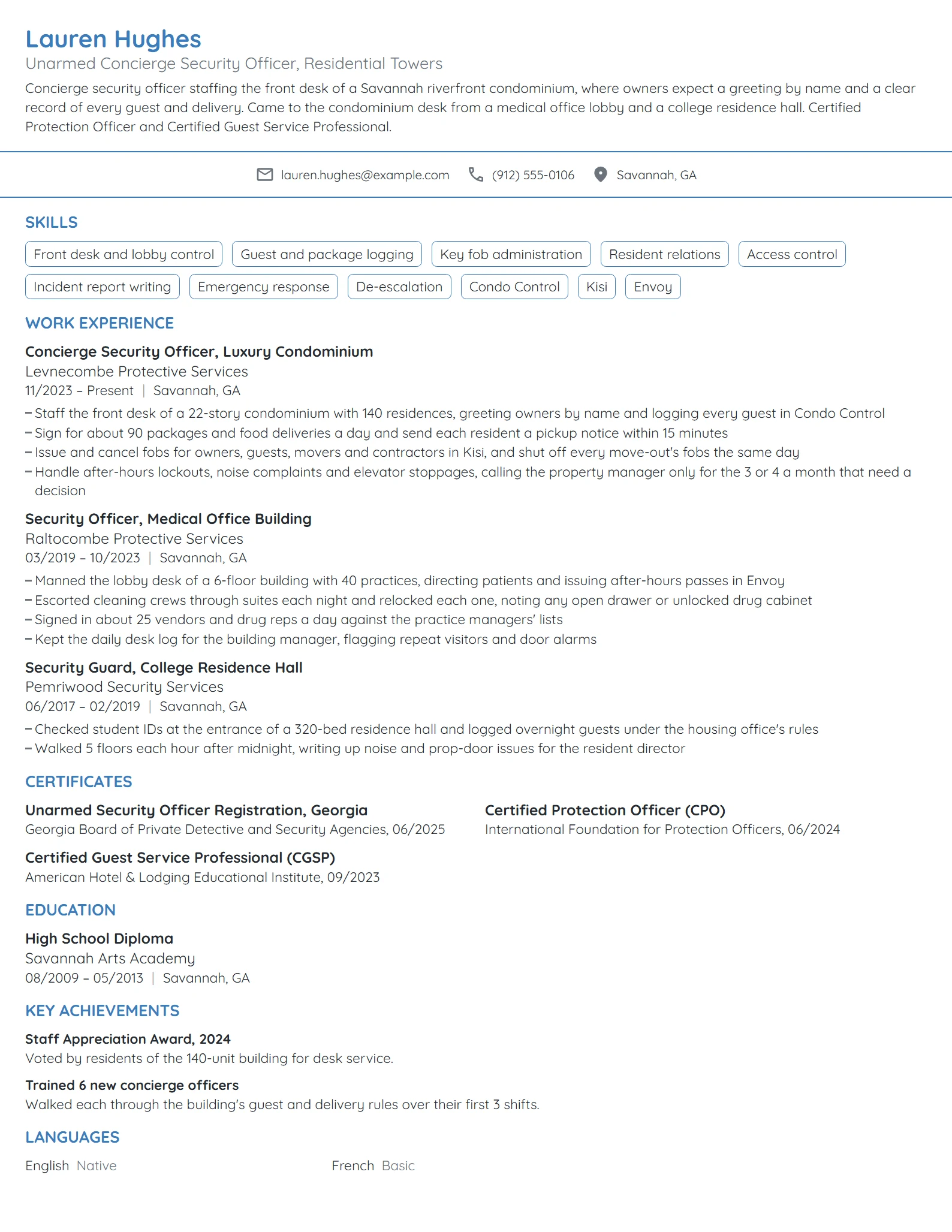 Concierge Security Guard resume example