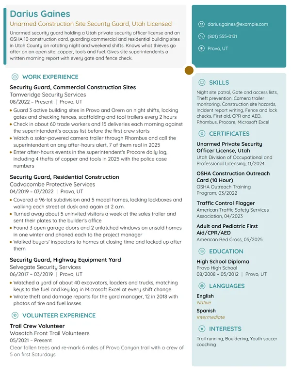 Construction Site Security Guard resume example