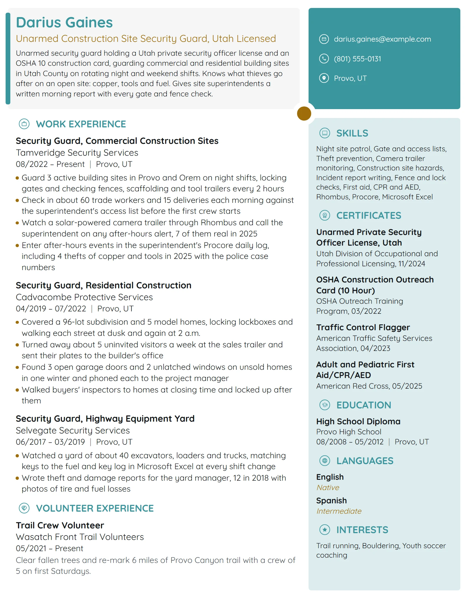 Construction Site Security Guard resume example