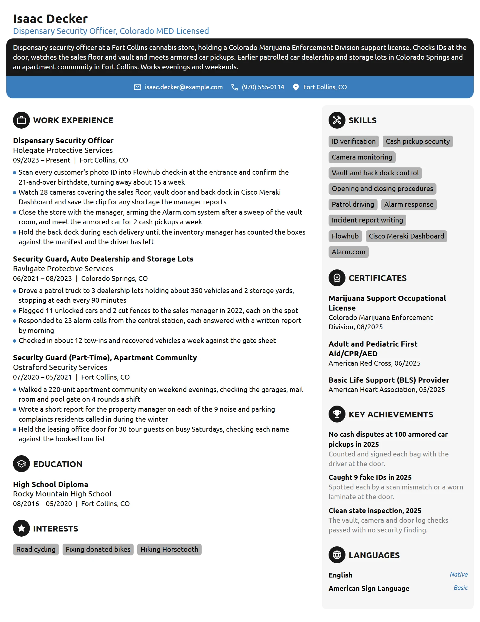 Dispensary Security Guard resume example