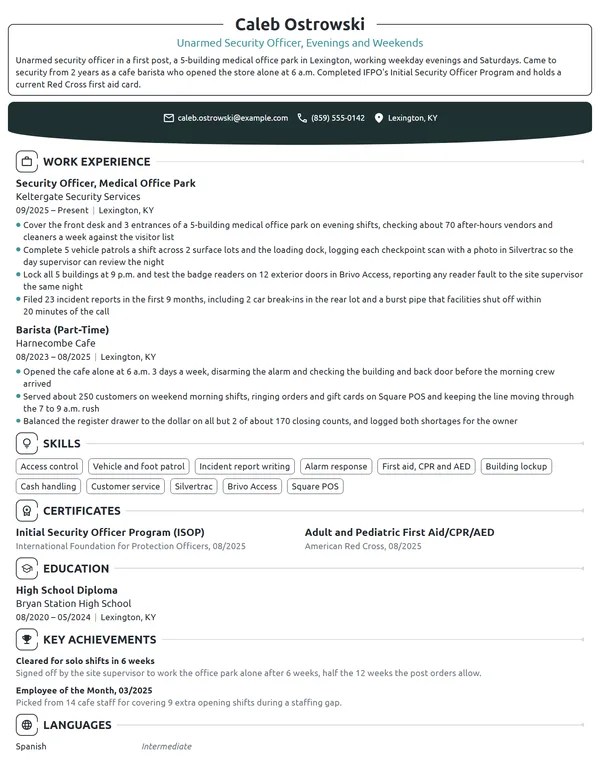 Entry-Level Security Guard resume example