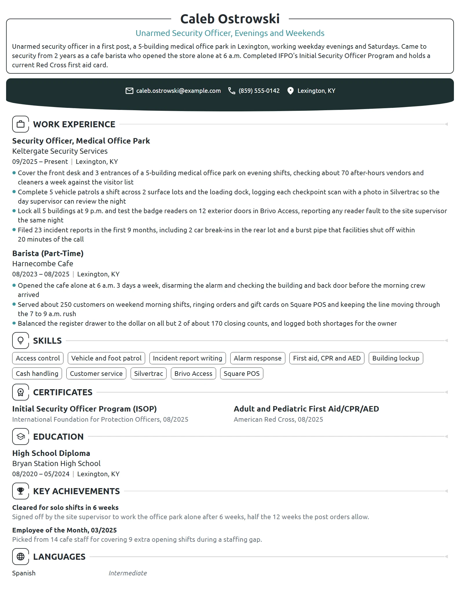 Entry-Level Security Guard resume example
