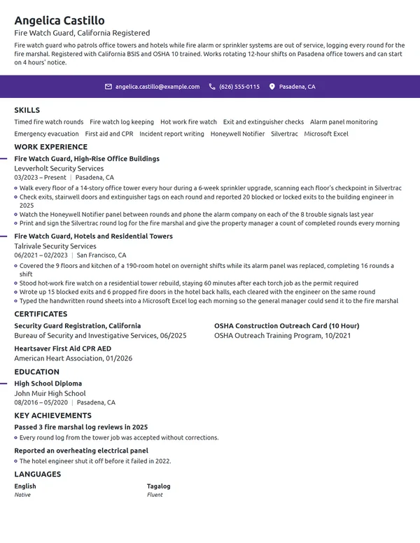 Fire Watch Guard resume example