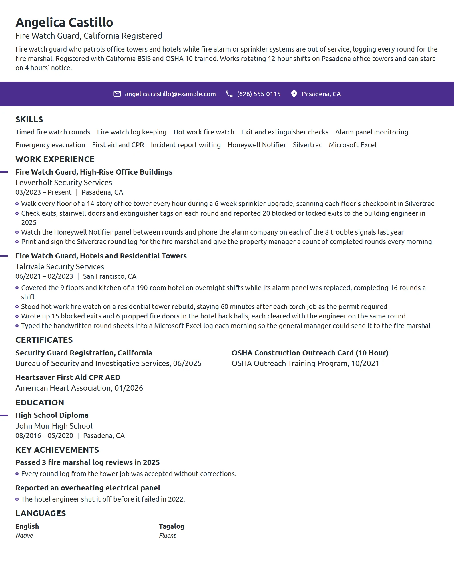 Fire Watch Guard resume example