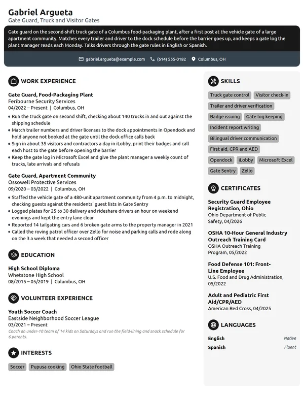 Gate Guard resume example